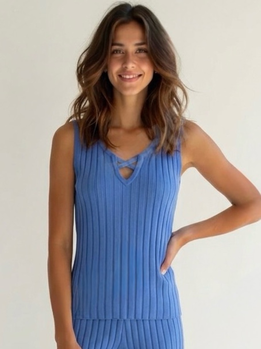 August Silk Ribbed Sleeveless Knit Top in Periwinkle Size Large